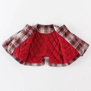Red plaid wool coat for baby girls with warm quilted lining and hooded design