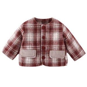 Cozy red plaid baby winter coat with cute buttons and thick fleece fabric for warmth