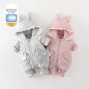 Rabbit Ear Hooded Baby Snowsuit White Duck Down Filling Winter Warm Thickened Romper Outerwear For Newborn Infantile Girls