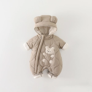 Cute Bear Ears Quilted Baby Romper Thickened Winter Jumpsuit For Newborn Warm Long Sleeve Polyester Hooded Bodysuit