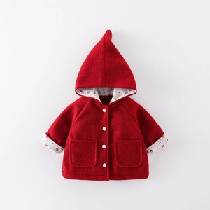 Red hooded wool coat for baby girls with pom-pom elf hat and cherry floral lining