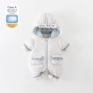 Cute Baby Girl White Duck Down Jumpsuit Floral Print Hooded Snowsuit Winter Thick Warm Infant Toddler Romper Ruffle Trim Soft Polyester