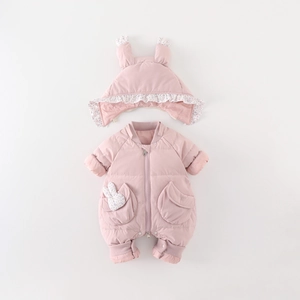 Pink winter baby romper with rabbit ear hat and quilted warm thermal fabric design