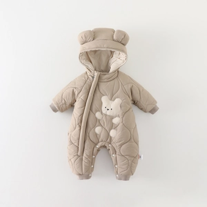 Thick winter baby romper with cute bear ears hood in khaki quilted warm fabric
