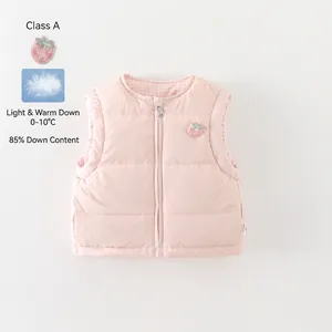 Gilet en Duvet Matelassé Rose Bébé Fille Veste Sans Manches Broderie Fraise Doublure Plaid Chaud Hiver