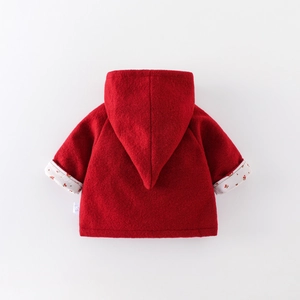Red hooded wool coat for baby girls with floral lining and festive winter style