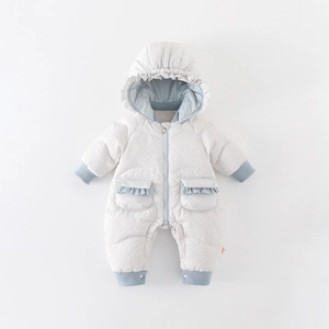 Winter infant down snowsuit with floral pattern and blue ribbed cuffs for baby girls