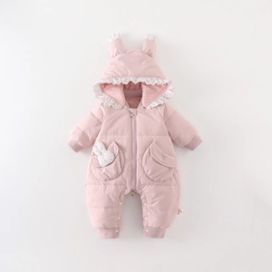 Pink hooded baby romper with cute rabbit ears and warm fleece lining for winter wear