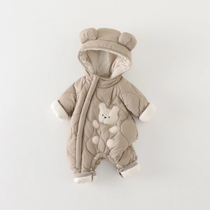 Thick khaki baby hooded romper with bear ears and quilted warm padding for winter