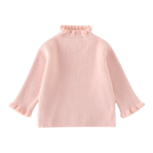 Rosafarbener Mädchen-Rollkragenpullover mit Rüschen und vertikalem Rippstrick für den Winter