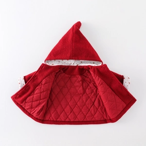 Red hooded winter coat for baby girls with warm quilted lining and floral accents