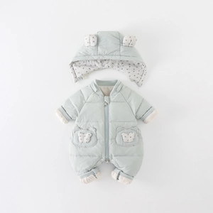 Baby Daunen-Einteiler-Set in Minzgrün mit Bären-Patchwork und süßem Blumenfutter