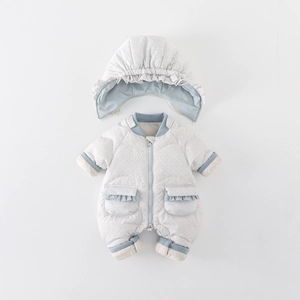 Floral print baby winter romper with white duck down padding and matching hood set