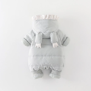 Cute light grey baby hooded winter romper with floral trim and cozy quilted design