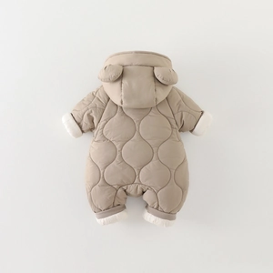 Thickened quilted baby winter romper with bear ears and soft fleece lining for warmth
