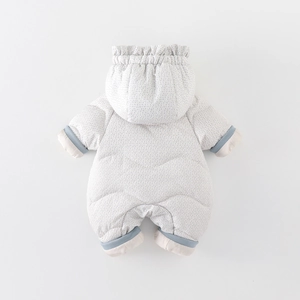 Cute white floral baby hooded romper made with duck down for winter warmth and comfort