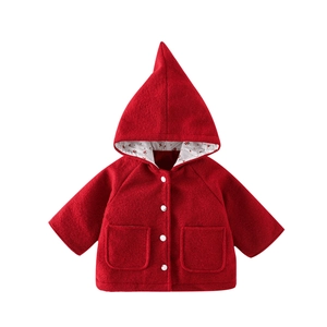 Toddler girl festive red hooded wool coat with cherry lining and button closure