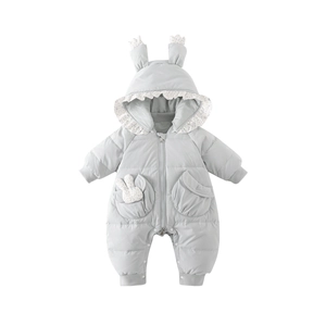 Cute gray baby hooded romper with bunny ears and floral trim for winter warmth