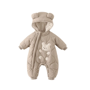 Thick winter infant romper with quilted bear ear hood and zipper in khaki brown tone