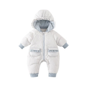 Cute floral baby down romper with hood and light blue ribbed cuffs for winter warmth