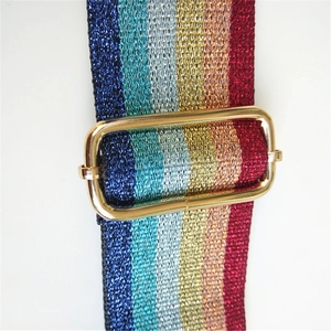 Detail shot of rainbow striped wide strap with shiny metallic glitter and gold buckle