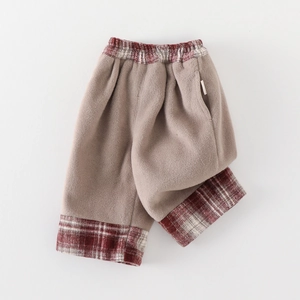Pantalon large en polaire kaki épais pour filles avec bordure à carreaux rouges