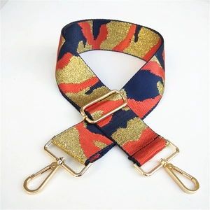 Adjustable wide replacement shoulder strap with navy camouflage pattern and gold hooks