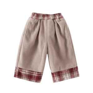 Pantalon d'hiver chaud en polaire kaki pour filles avec détails à carreaux rouges