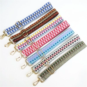Adjustable woven replacement strap for bags with gold metal hardware and various ethnic patterns