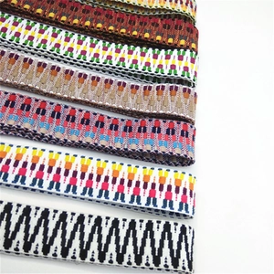 Close-up of ethnic style woven bag straps with geometric patterns and vibrant colors