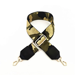 Adjustable wide replacement shoulder strap with green camouflage weave and gold hardware