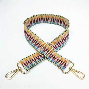 Close-up of ethnic geometric woven bag strap with golden metal lobster clasps