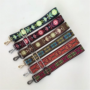 Ethnic style embroidered shoulder strap with colorful patterns and metal buckles