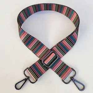 Adjustable woven colorful striped strap with dark grey metal rotating swivel hooks