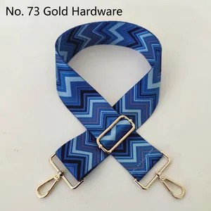 Detail view of ethnic blue zigzag pattern replacement strap with gold buckle hardware