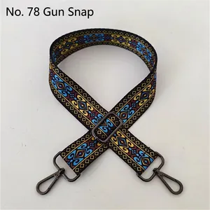 Close-up of ethnic geometric woven strap with gunmetal swivel clasps, style No. 78