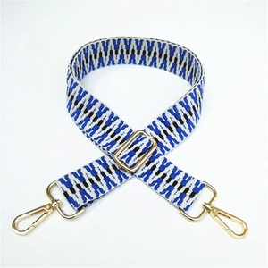 Detail of blue and white geometric woven strap with gold metal rotating hooks