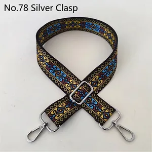 Detail of colorful geometric ethnic style woven strap with silver lobster clasps