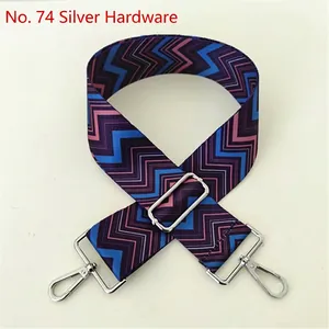 Detail of adjustable silver buckles and colorful zigzag woven strap pattern for handbags