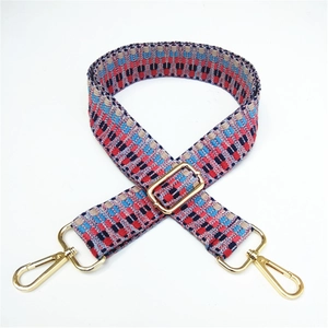 Detail showing the adjustable colorful woven geometric replacement bag strap with gold hooks