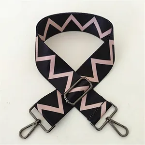 Detail of adjustable black woven strap with pink zigzag patterns and gunmetal hardware