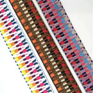Macro detail of high-density woven shoulder straps with diverse ethnic and geometric patterns