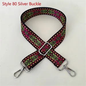 Detail of bohemian geometric strap No. 80 with silver buckle and ethnic green pattern