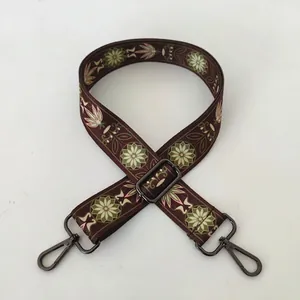 Ethnic wide bag strap with green floral embroidery and gunmetal lobster clasps