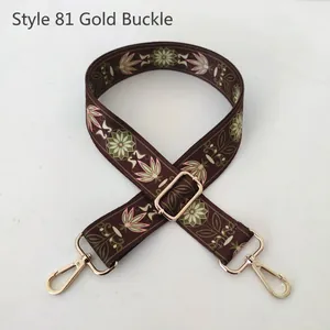 Close-up of No. 81 gold buckle and adjustable vintage floral print wide bag strap