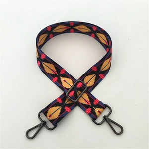 Close-up of ethnic geometric pattern strap with matte black metal swivel hooks