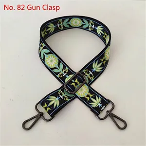 Detail view of ethnic style fabric bag strap with No. 82 gunmetal swivel hook and floral pattern