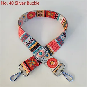 Detail of No. 40 colorful ethnic pattern bag strap with silver metal buckle and hooks