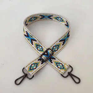 Macro detail of geometric patterned bag strap with gun-metal lobster clasp and adjuster