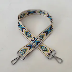 Detail of ethnic style colorful woven shoulder strap with silver metal lobster clasps